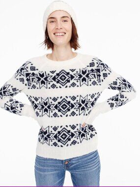 J. Crew Fair Isle‎ Crewneck Sweater Women's Small Ivory Blue Nordic Winter Snow